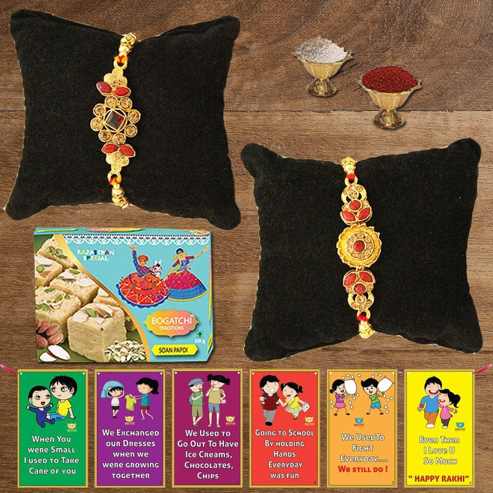 BOGATCHI DDA-9 Rakhi with Sweets for Brother, Designer Rakhi for Brother, Rakhi Combo Set of 2, Rakhi Sweets soan papdi 200g