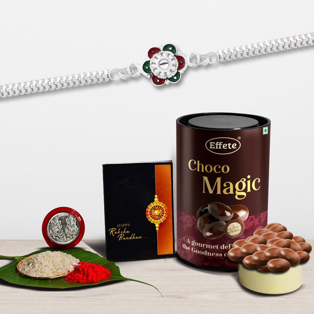 DeoDap Multicolor Bracelet/ Rakhi (K1_A29_CD) & Effete Chocolate Delight with Silver Color Pooja Coin, Roli Chawal & Greeting Card, Occasion, Rakhi for brother with gift, Rakhi with chocolate, rakhi combo for brother, Set of 1 Rakhi, Rakhi Chocolate 