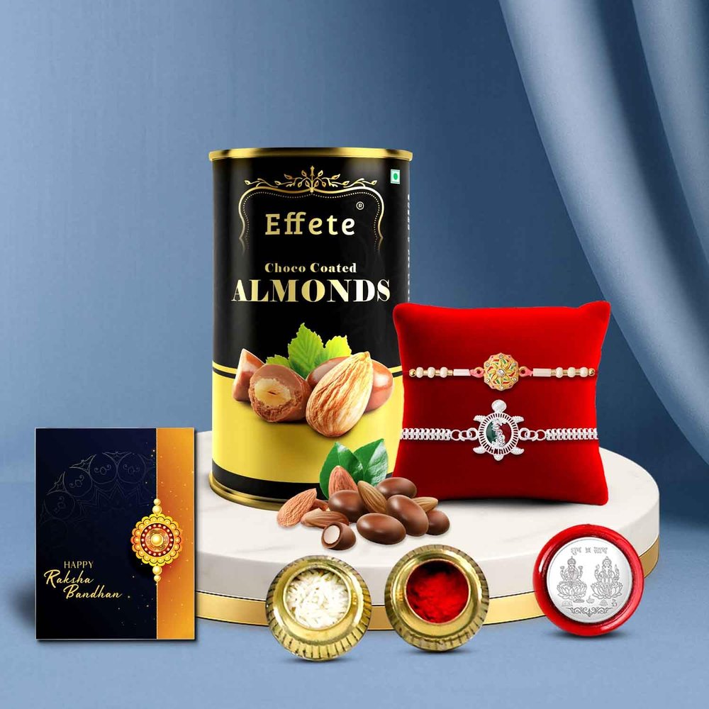 DeoDap Chocolate with Rakhi Set for Brother - Floral & Turtle Design Rakhi Set of 2 with Choco Coated Almonds (96 GM), Silver Colour Pooja Coin & Greeting Card, Raksha Bandhan Gift Combo for Bhai