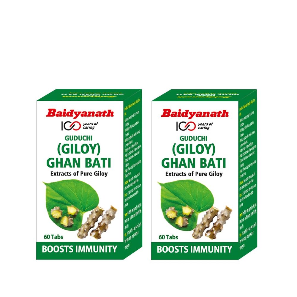 Baidyanath Giloy Ghan Bati 60 Tablets | Boosts Immunity & Digestion | Ayurvedic Guduchi Tablets for Fever, Detox, Acidity & Skin | Herbal Supplement for Health & Wellness | (Pack of 2)