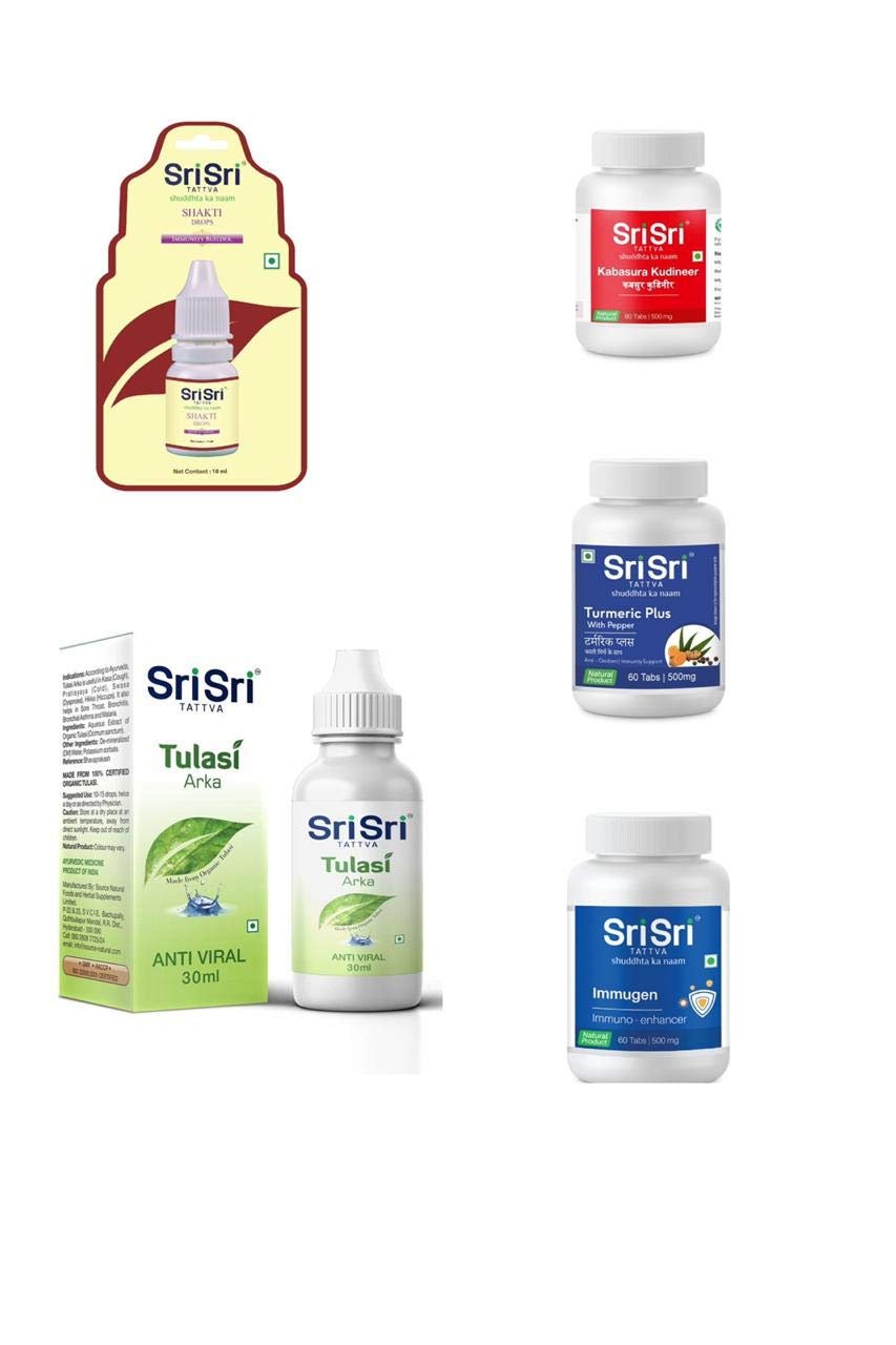 Sri Sri Tattva Immunity Building Kit - Need of the Hour - Combo Pack (1 Shakti Drops, 1 Tulasi Arka, 1 Kabasura Kudineer, 1 Turmeric Plus, 1 Immugen Tab)