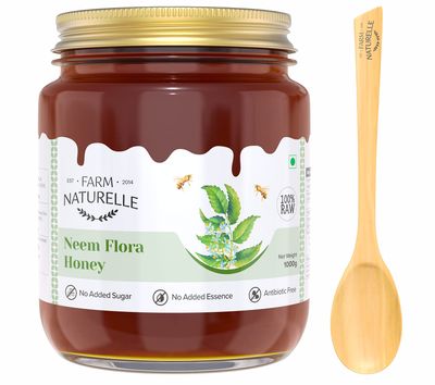 Farm Naturelle - Neem Forest Flower Wild Honey 850g + 150gm | 100% Pure Honey | Raw & Unfiltered | Unprocessed|Lab Tested Honey In Glass Jar with Engraved Virgin Wooden Spoon