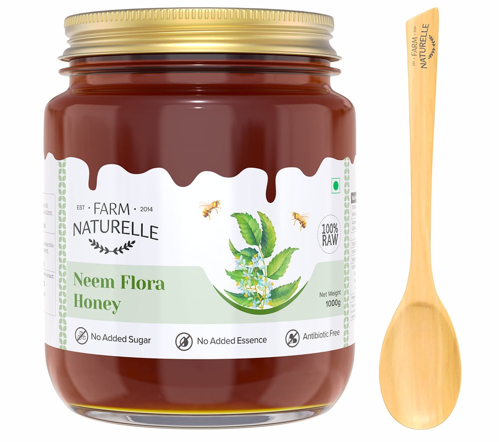 Farm Naturelle - Neem Forest Flower Wild Honey 850g + 150gm | 100% Pure Honey | Raw & Unfiltered | Unprocessed|Lab Tested Honey In Glass Jar with Engraved Virgin Wooden Spoon