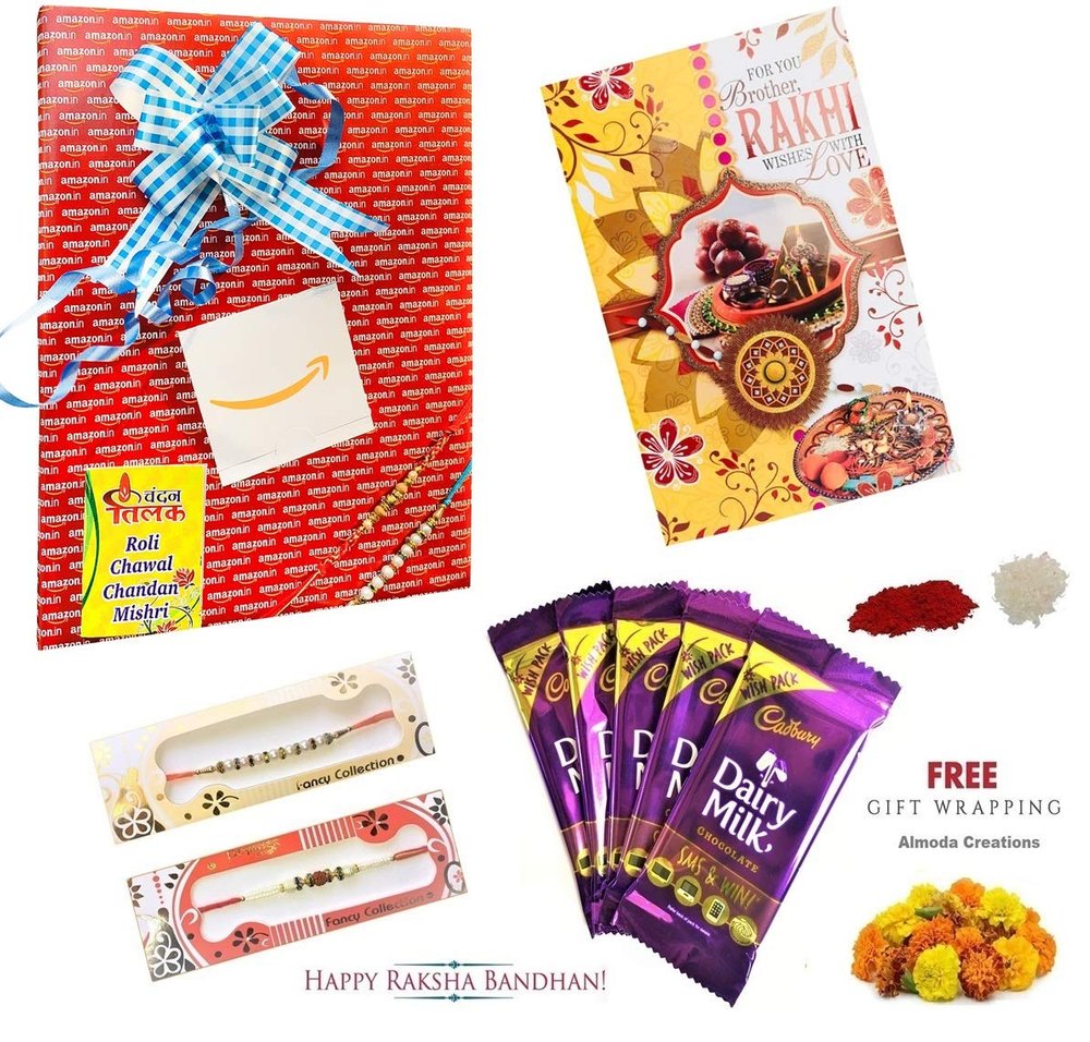Almoda Creations Bhaiya Bhabhi Rakhi with Gift (2 Rakhi, Rakhi Greeting Card, 5 Cadbury Chocolates, Tilak Pouch & Kalawa Roll, Rakhi Gift Wrapping, Custom Rakhi Message)