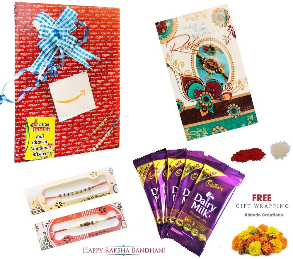 Almoda Creations Rakhi Cards for Brother (2 Rakhi, Rakhi Greeting Card, 5 Cadbury Chocolates, Tilak Pouch & Kalawa Roll, Rakhi Gift Wrapping & Custom Rakhi Message)