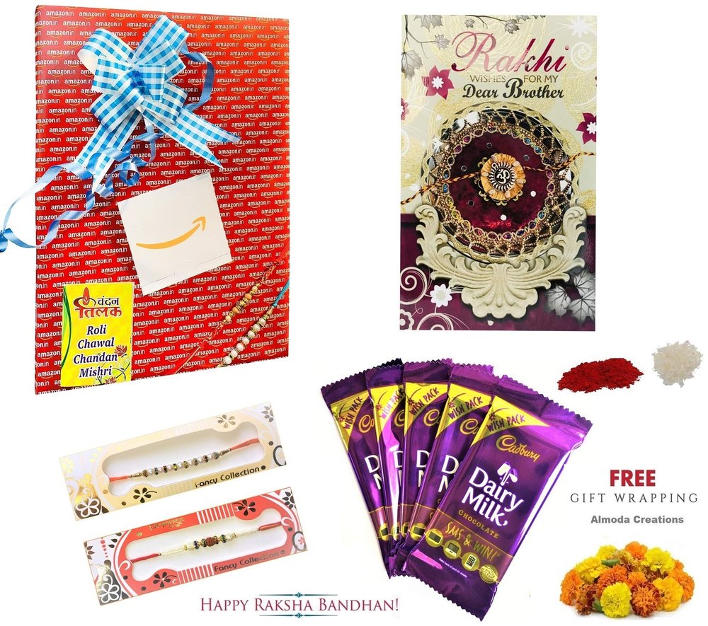 Almoda Creations Rakhi for Brother and Bhabhi (2 Rakhi, Rakhi Greeting Card, 5 Cadbury Chocolates, Tilak Pouch & Kalawa Roll, Rakhi Gift Wrapping, Custom Rakhi Message)
