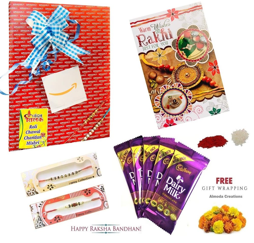 Almoda Creations 2 Rakhi, Greeting Card, 5 Cadbury Chocolates, Tilak Pouch & Kalawa Roll, Rakhi Gift Wrapping, Handwritten Custom Message for Brother
