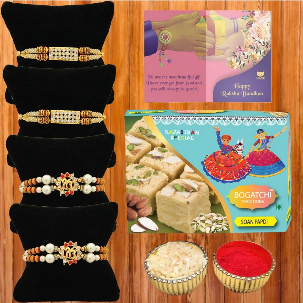 BOGATCHI E4Ea-6 Rakhi for Brother with Chocolate, Rakhi Set of 4, Premium Rakhi Set of 4 with Chocolates, 4 Rakhi Combo, Rakhi for Brother Combo, 50g