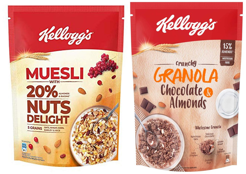 Kellogg's Combo, Kellogg's Muesli with 20% Nuts Delight Pouch, 500 g and Kellogg's Crunchy Granola Chocolate & Almonds, 450 g