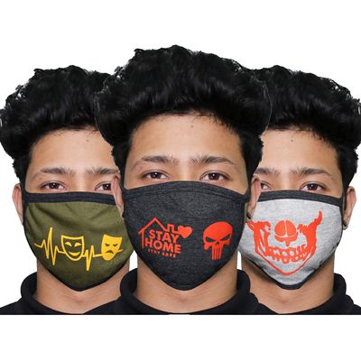ORILEY ORGANIC ORCFM3 3 Ply Cotton Face Mask Washable Reusable Breathable Protective Nose Mouth Cover with Non-woven Micro Fabric Layer (3 Pcs, Multicolor, Multi Design)
