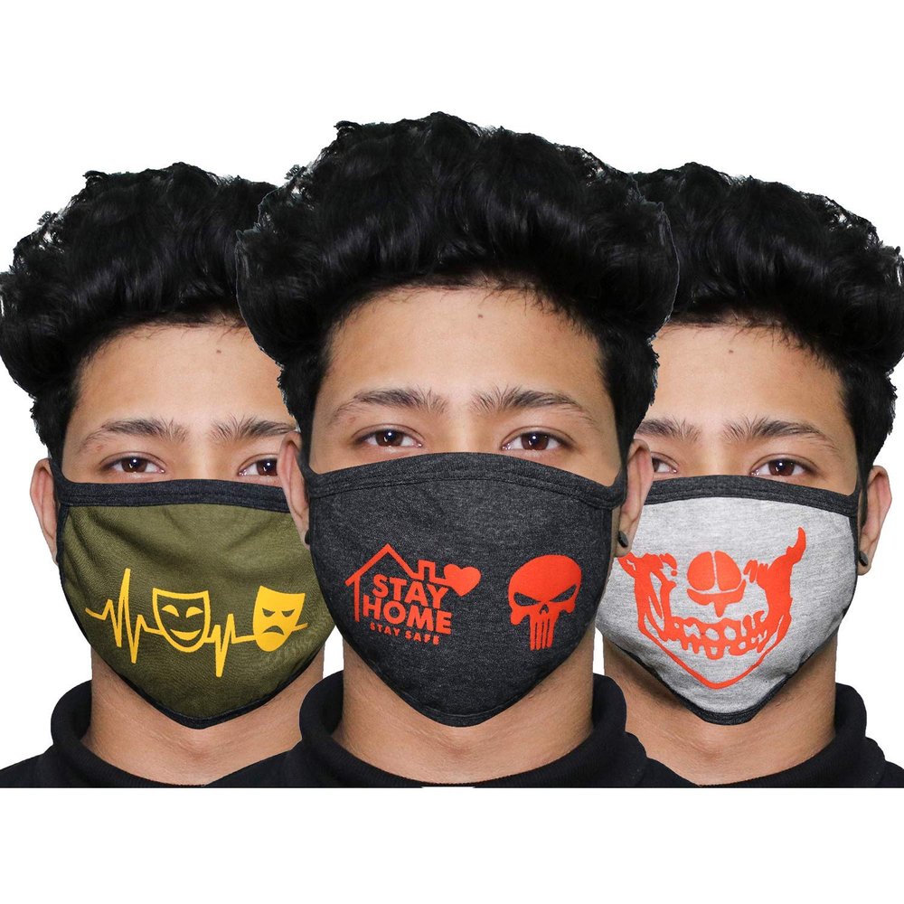 ORILEY ORGANIC ORCFM3 3 Ply Cotton Face Mask Washable Reusable Breathable Protective Nose Mouth Cover with Non-woven Micro Fabric Layer (3 Pcs, Multicolor, Multi Design)