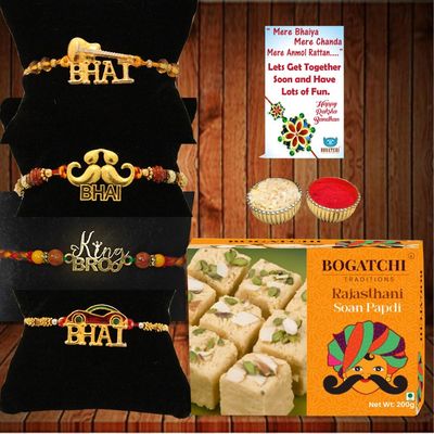 BOGATCHI Cultutral Soan papdi, ElegantRakhi for Brother, Set of 4 Rakhi, Rakhi with Sweets, 200g