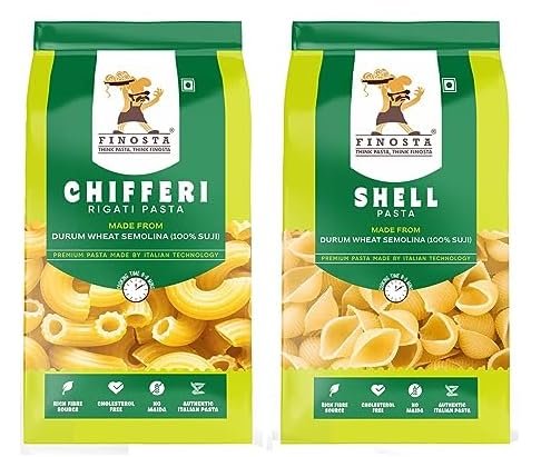 Finosta Shell and Chifferi Rigati Pasta Made of Durum Wheat Semolina, Easy to Cook | Tasty and Healthy | No Maida | Source of Fibre | Cholesterol Free | Vegetarian 500 Gram Each, Combo Pack of 2