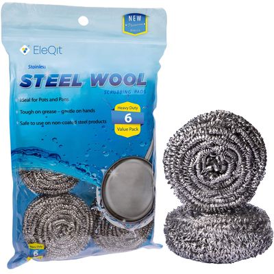 EleQit Stainless Steel Wool Scrubber Sponge Pack of 6 for Removing Tough Dirt, Grease, Oil or Stains from Dishes, Pots, Stovetops, Drip Pan, Cookware, Kitchenware