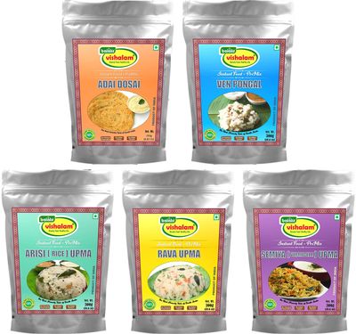 Balali's Vishalam Instant Breakfast-Premix 5 x 300g Combo (Adai Dosa, Ven Pongal, Arisi Upma, Rava Upma, Semiya Upma)