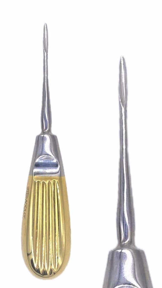 ADDLER DENTAL STRAIGHT APEXO DOUBLE FORGED POINTED TIP CONCAVE BLADE 14 CM 3 MM HEAD HYLIN GOLDEN HANDLE LIGHT WEIGHT. LIFE TIME ANTI RUSTING WARRANTY.