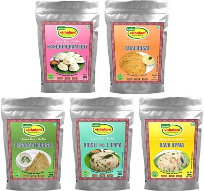 Balali's Vishalam Instant Breakfast-Premix 5 x 300g Combo (Kanchipuram Idly, Adai Dosa, Pesarattu Dosa, Arisi Upma, Rava Upma)