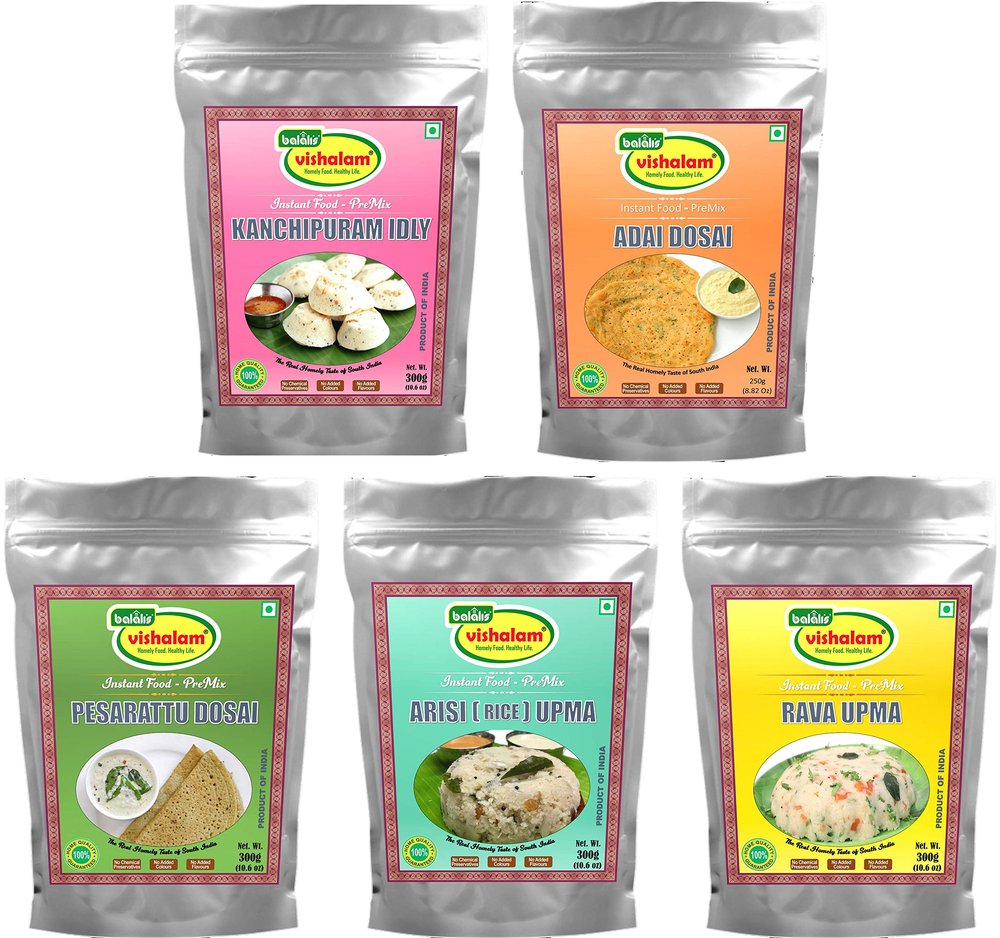 Balali's Vishalam Instant Breakfast-Premix 5 x 300g Combo (Kanchipuram Idly, Adai Dosa, Pesarattu Dosa, Arisi Upma, Rava Upma)