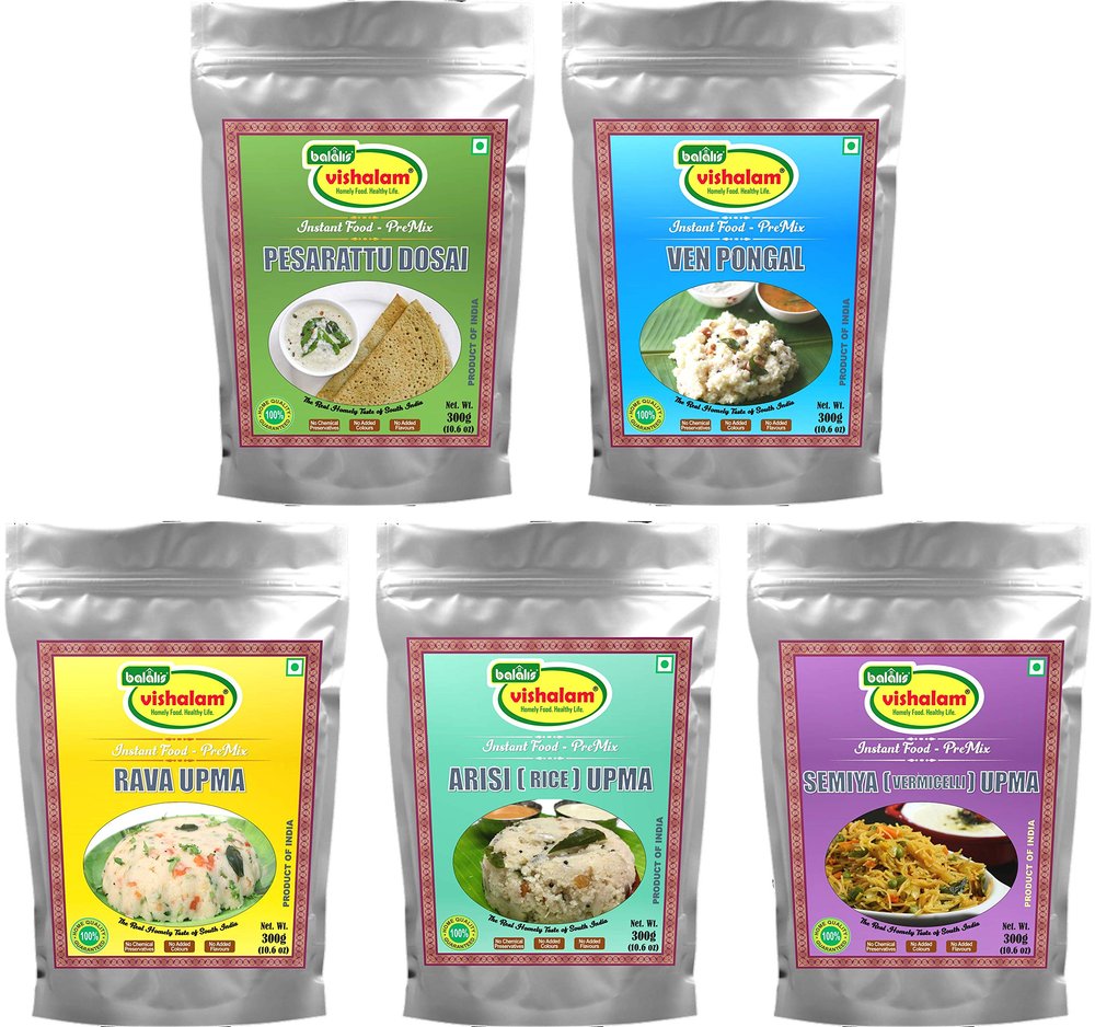 Balali's Vishalam Instant Breakfast-Premix 5 x 300g Combo (Pesarattu Dosa, Ven Pongal, Arisi Upma, Rava Upma, Semiya Upma)