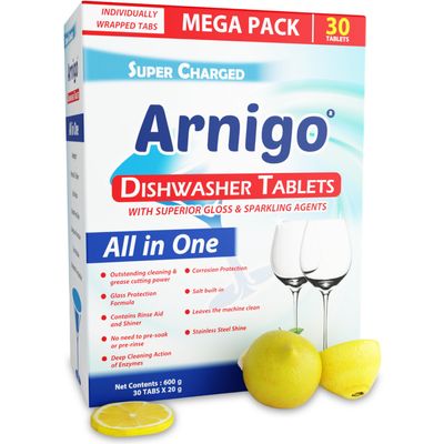 Arnigo Super Charged All In One Dishwasher Tablets for Outstanding Cleaning, Contains Rinse Aid & Shiner, Corrosion Protection, for Crystal Clear and Haze-free Shine, Dishwasher Friendly- 30 Tablets