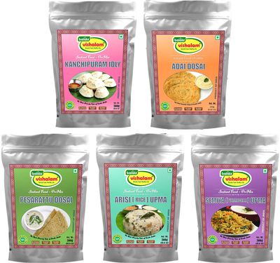 Balali's Vishalam Instant Breakfast-Premix 5 x 300g Combo (Kanchipuram Idly, Adai Dosa, Pesarattu Dosa, Arisi Upma, Semiya Upma)