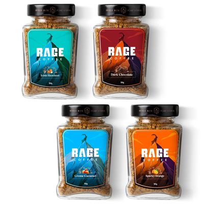 Rage Coffee Combo Pack of 4 - Irish Hazelnut & Dark Chocolate & Creme Caramel & Sparky Orange Flavoured Ground Coffee 50 Gms Each, Glass Bottle