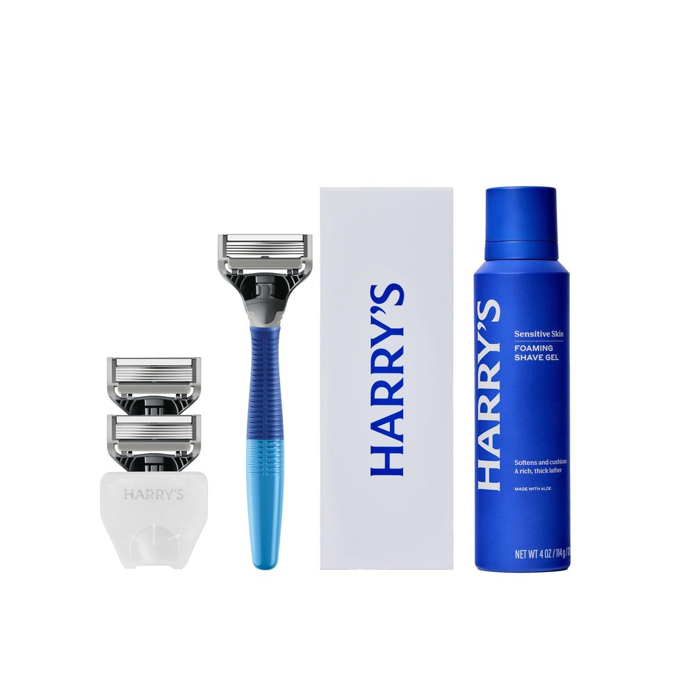 Harry's Razors for Men - Shaving Kit for Men includes a Mens Razor Handle, 3 Razor Blade Refills, Travel Blade Cover, and 4 Oz Shave Gel (Ocean Blue)