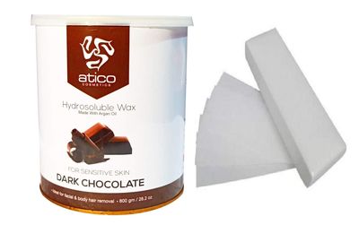 Atico Hair Removal Hydrosoluble Anti-Tan Creme Wax (800 Gm) made with Argan Oil + 30 Waxing Strips (Dark Chocolate)