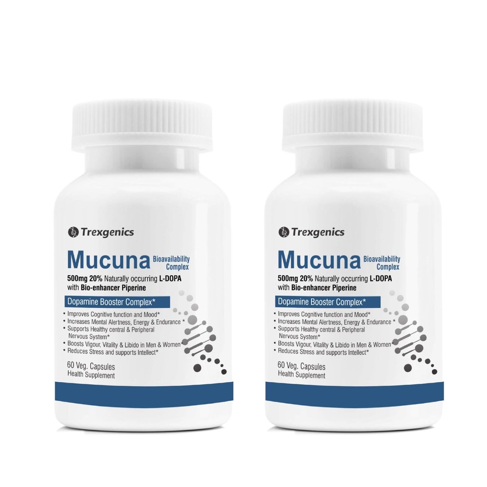 Trexgenics MUCUNA (20% L-Dopa) Pruriens (Kapikachhu) 500mg with Bio-enhancer Piperine 5mg Dopamine Booster Complex, Brain function, Nervous System (60 Vcaps) (2)