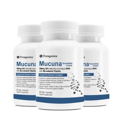 Trexgenics MUCUNA (20% L-Dopa) Pruriens (Kapikachhu) 500mg with Bio-enhancer Piperine 5mg Dopamine Booster Complex, Brain function, Nervous System (60 Vcaps) (3)