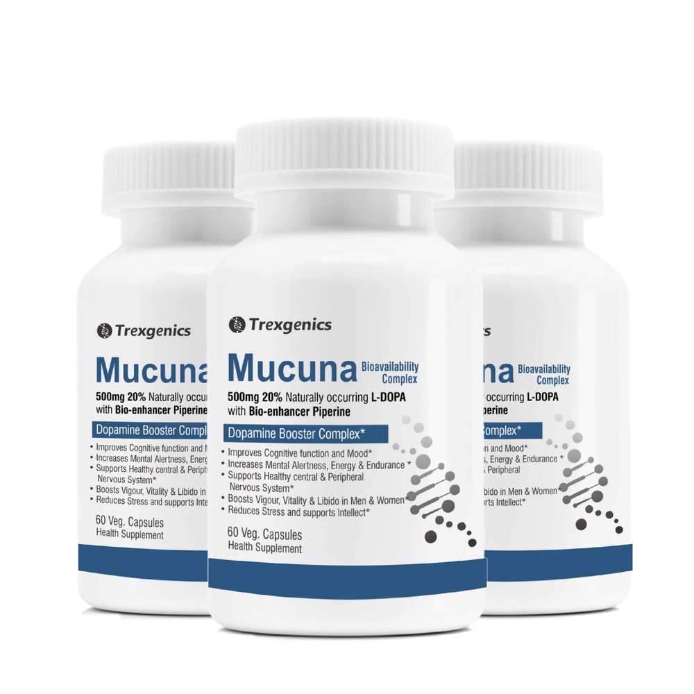 Trexgenics MUCUNA (20% L-Dopa) Pruriens (Kapikachhu) 500mg with Bio-enhancer Piperine 5mg Dopamine Booster Complex, Brain function, Nervous System (60 Vcaps) (3)
