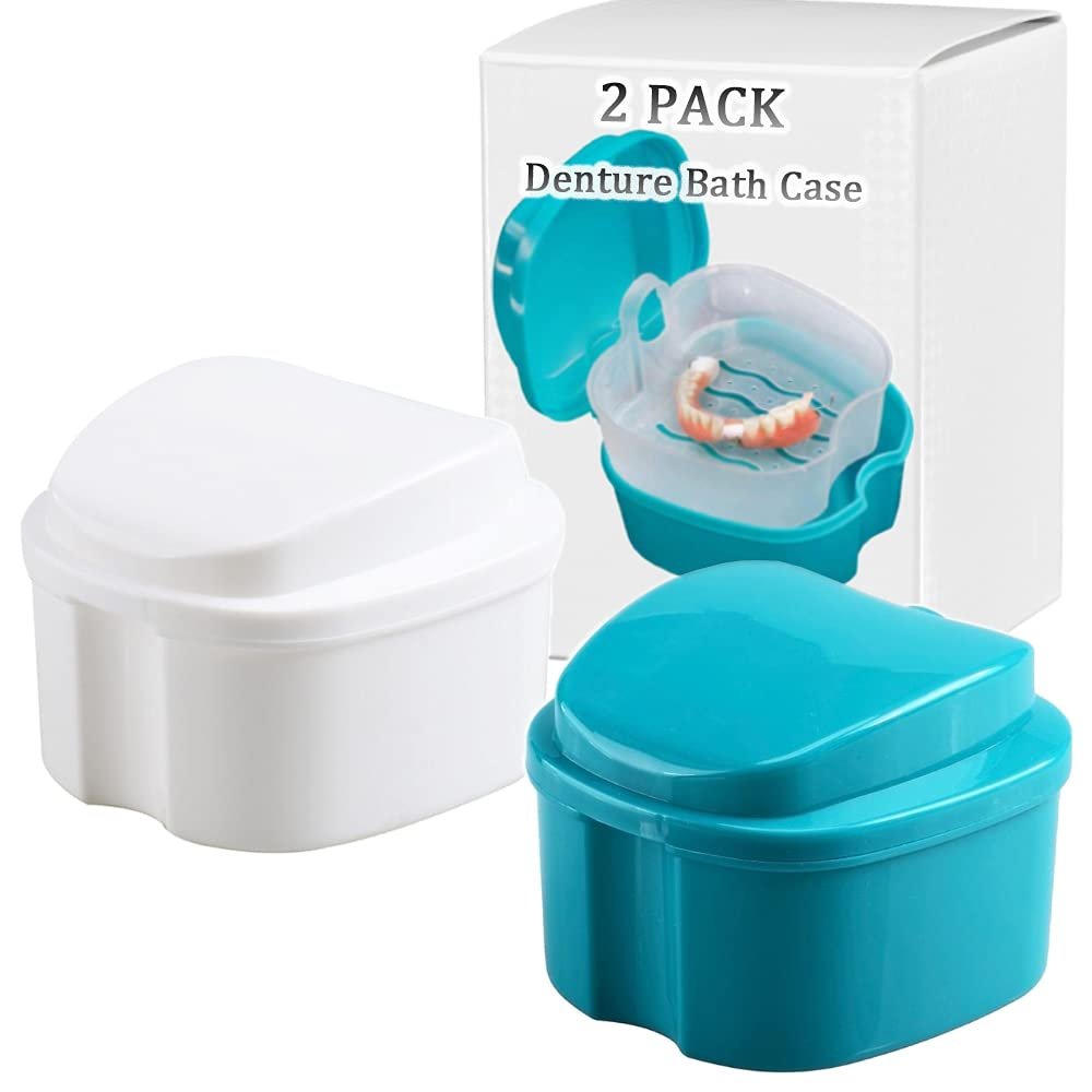 Denture Bath Box Cup, Complete Clean Care for Dentures, Clear Braces, Mouth Guard, Night Guard & Retainers,Traveling