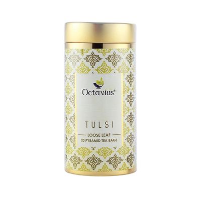 Octavius Tulsi Whole Leaf Green Tea |Immunity Booster |Natural Remedy for Cold and Cough |Loaded with Antioxidants |Packed in Decorative Tin Can | Perfect for Tea Lovers | 20 Pyramid Tea Bags