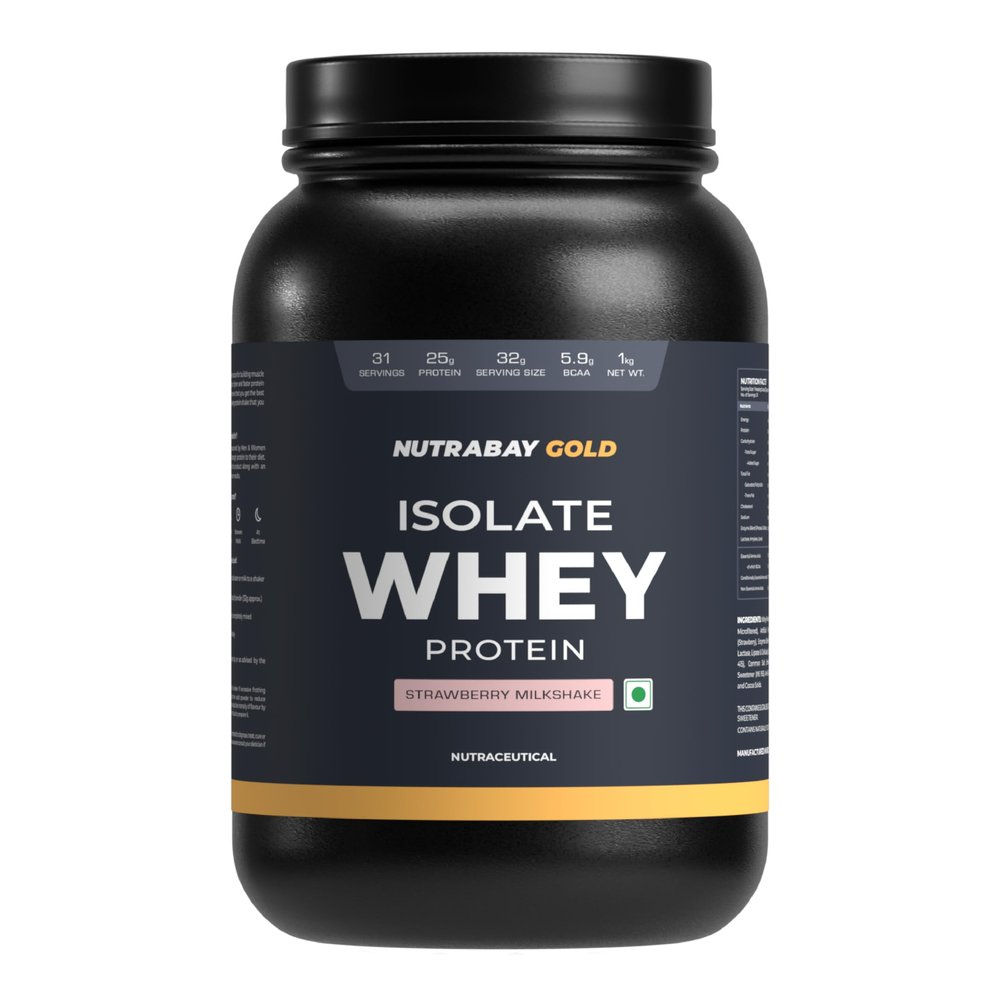 Nutrabay Gold Whey Protein Isolate Powder 25g Protein, 5.9g BCAA per Serving, Easy to Digest, NABL Lab Tested  Muscle Growth & Recovery  1kg, Strawberry Milkshake|100% Authentic Clean Protein