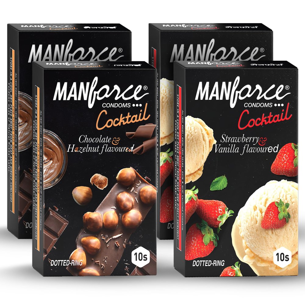 Manforce Cocktail Condoms with Dotted Rings Combo Pack (Strawberry+ Vanilla & Chocolate+ Hazelnut)- 10 Pieces (Pack of 4)