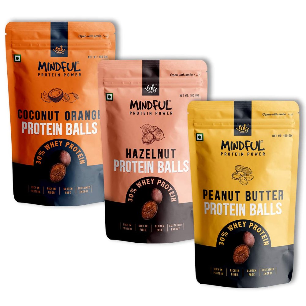 Eat Anytime Mindful Protein Balls  Combo of 3 Flavors (Hazelnut, Peanut Butter, Coconut Orange), 100g | Dark Chocolate Coated | Gluten-Free, No Added Sugar