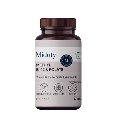 Miduty Vitamin B12 Active Methylcobalamin - Bioactive B-Complex with B6, B9, B12 Triple Power Punch Formula for Energy, Mood, Brain & Nerve Support Fast Absorbing Chewable 100 Veg Tablets