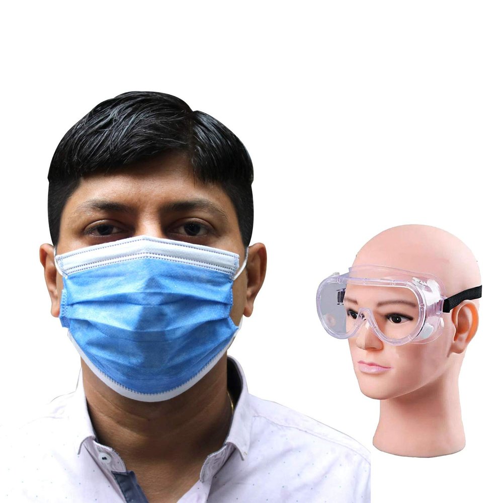 Casago Combo of 1 Piece Goggle OR0005 FDA Approved 4 Ply Non Surgical Disposable Face Mask with 2 Layer Meltblown Filter & Nose Pin 20 GSM Unisex Non-woven Fabric Nose Mouth Cover (25 Pcs)
