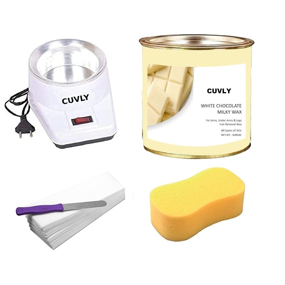 CUVLY Waxing Kit Wax Machine Wax Heater Machine, 600 gram Hot Wax Cream, 70 pieces Wax Strips and Knife, Hair removal Waxing Kit, Wax Kit for women and men, Wax Heater Combo (White Chocolate Wax)