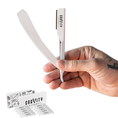 Barber Straight Razor - Stainless Steel Straight Edge Razor with 10 Derby Premium Blades (White)