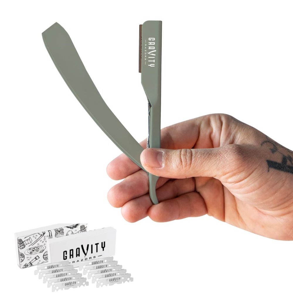 Barber Straight Razor - Stainless Steel Straight Edge Razor with 10 Derby Premium Blades (Mint)