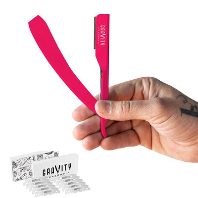 Barber Straight Razor - Stainless Steel Straight Edge Razor with 10 Derby Premium Blades (Pink)