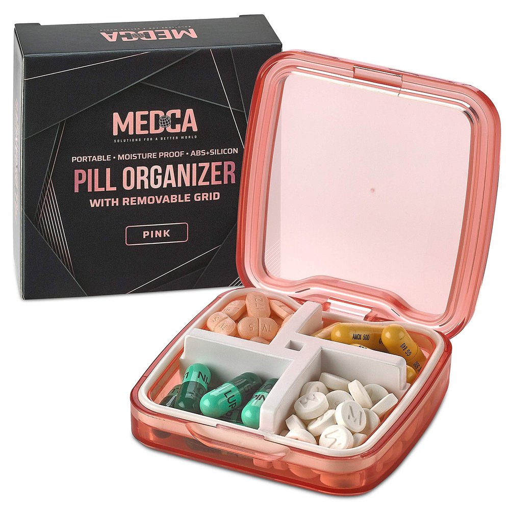 Compact Pill Box Organizer - Portable Waterproof Medicine Organizer and Daily Pill Container with Removable 4 Compartment Divider - Durable ABS Silicone Pills Case Fits Pocket and Purse, Pink