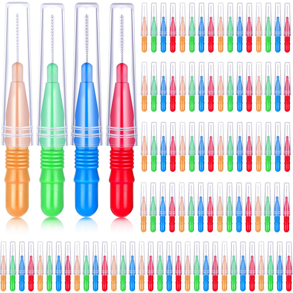 BBTO Kid 100 Pieces Interdental Manual Brush Toothpick Dental Tooth Flossing Head Oral Dental Hygiene Interdental Brush Dental Flosser Toothpick Cleaners Tool (Red, Blue, Light Green And Orange)