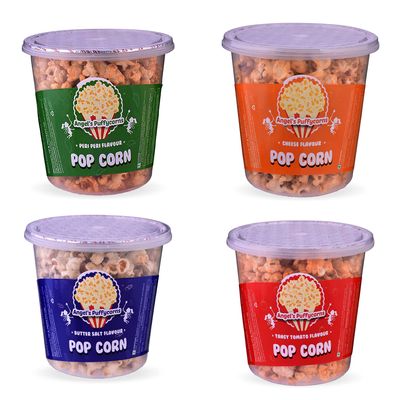 Angels Puffycorns Flavoured Ready to Eat Popcorn - Mix Flavour - Pack of 4 Units (1 Cheese, 1 Tangy Tomato, 1 Butter Salted & 1 Peri Peri)