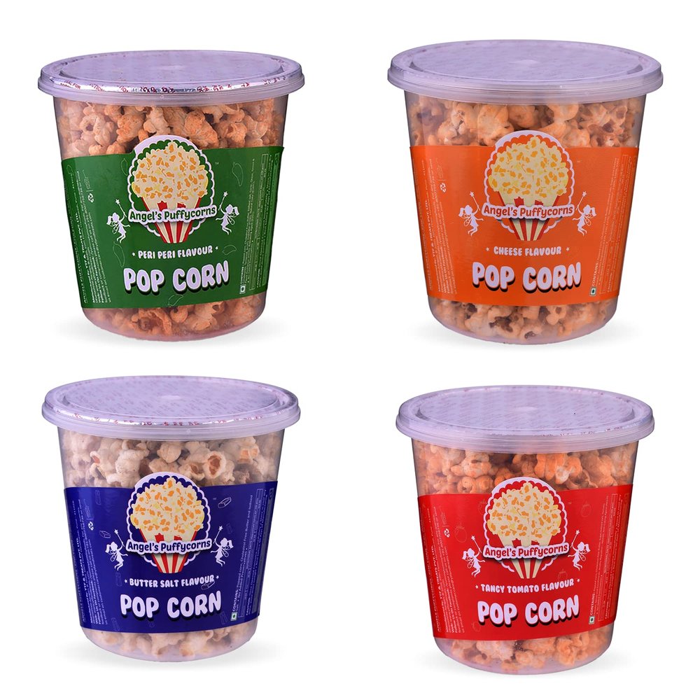 Angels Puffycorns Flavoured Ready to Eat Popcorn - Mix Flavour - Pack of 4 Units (1 Cheese, 1 Tangy Tomato, 1 Butter Salted & 1 Peri Peri)