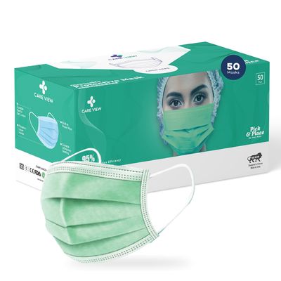 Medohealthy Care View 3 Ply Disposable Face Masks with nose pin BIS, (ISI) Certified mask with Melt blown layer (Pack of 50, Green)