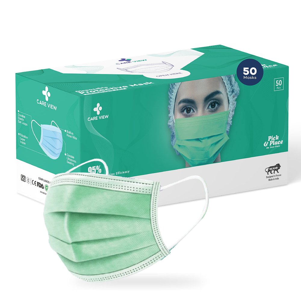 Medohealthy Care View 3 Ply Disposable Face Masks with nose pin BIS, (ISI) Certified mask with Melt blown layer (Pack of 50, Green)