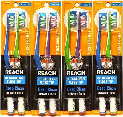 Reach Ultra-Clean Floss Tip Medium Toothbrush, Assorted Colors, 2 Count (Pack of 4) Total 8 Toothbrushes