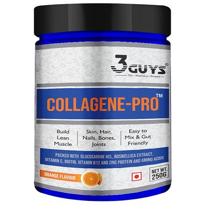 3 Guys Collagene-Pro Formulated Protein powder for Joint Relief | Hydrolyzed Collagen Peptide Powder | Glucosamine HCL | Boswellica , Curcumin , Biotin | Vitamin C | Vitamin B12 | And Zink | Orange Flavored, 250 g